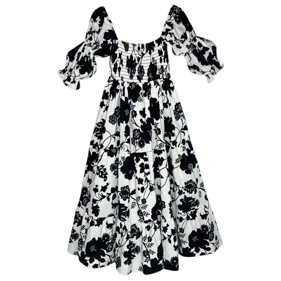 MISA Los Angeles Margarita Dress Black White Floral Smocked Puff Sleeve Midi M - Picture 2 of 10